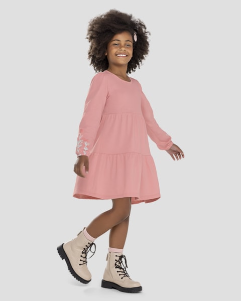Vestido Infantil Manga Longa em Meia Malha com Estampa - Kely Kety - Rosa