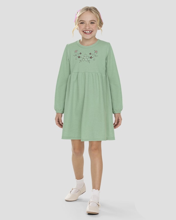 Vestido Infantil Manga Longa em Moletom Persa - Kely Kety - Verde