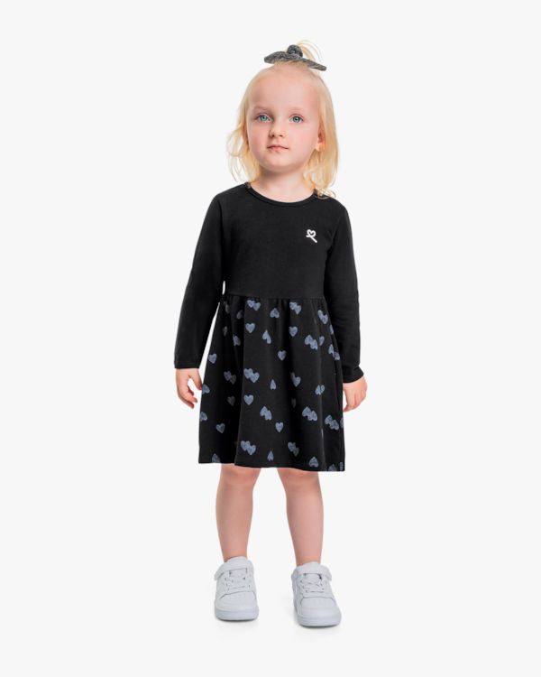 Vestido Infantil Manga Longa Estampa Coração - Kely Kety - Preto -01