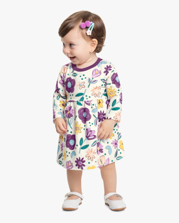 Vestido Infantil Manga Longa Estampado Kely Kety - Branco