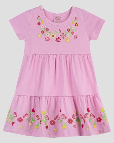 Vestido Infantil Menina com Babados e Estampa Kely Kety Rosa