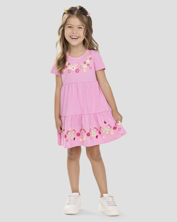 Vestido Infantil Menina com Babados e Estampa Kely Kety Rosa