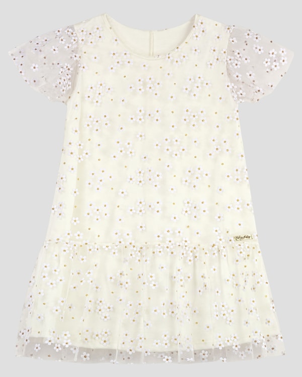 Vestido Infantil Menina em Malha com Tule Floral Kely Kety Branco