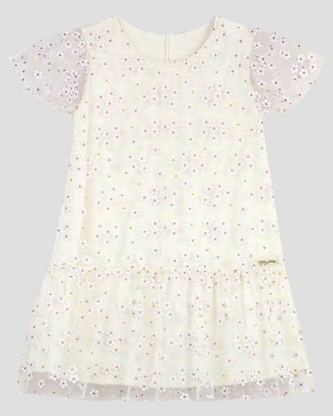 Vestido Infantil Menina em Malha com Tule Floral Kely Kety Branco