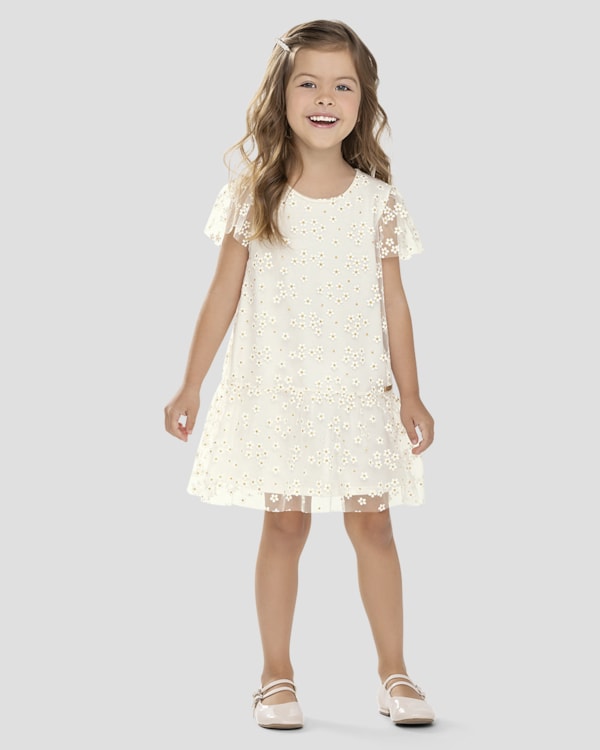 Vestido Infantil Menina em Malha com Tule Floral Kely Kety Branco