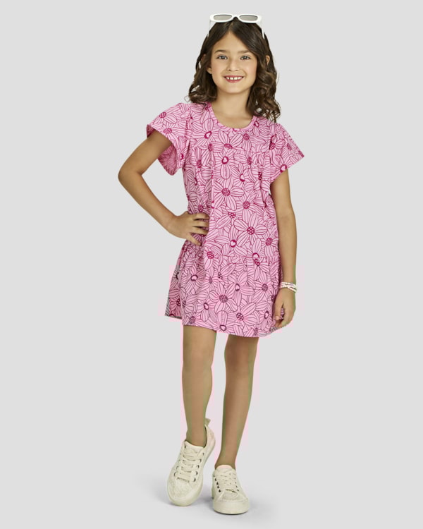 Vestido Infantil Menina em Malha Estampada - Kely Kety - Rosa