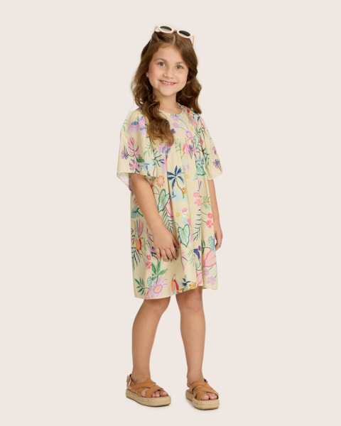 Vestido Infantil Menina em Viscose Estampado - Kely Kety - Off White