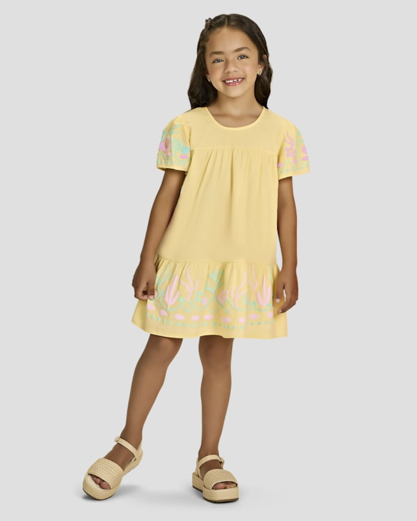 Vestido Infantil Menina em Viscose Linho com Estampa - Kely Kety - Manteiga