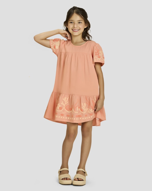 Vestido Infantil Menina em Viscose Linho com Estampa - Kely Kety - Pêssego