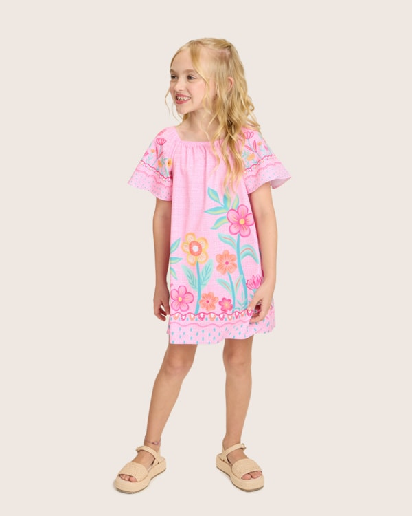 Vestido Infantil Menina Estampa Jardim em Tecido Plano - Kely Kety - Rosa