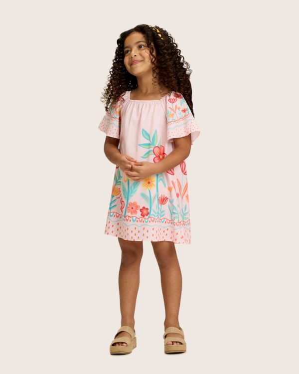 Vestido Infantil Menina Estampa Jardim em Tecido Plano - Kely Kety - Tapioca