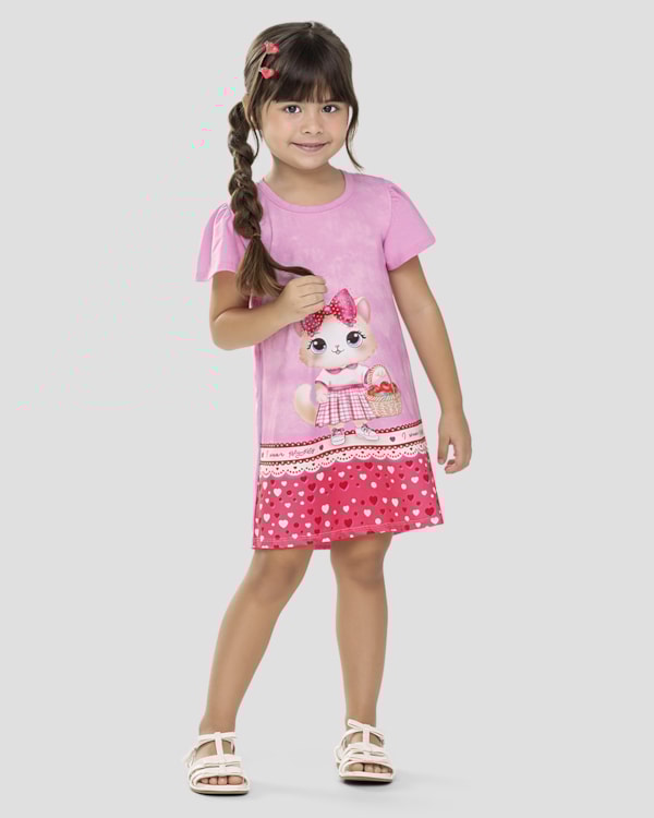Vestido Infantil Menina Estampado com Strass Kely Kety Rosa