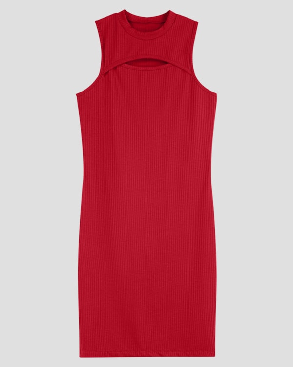 Vestido Juvenil Canelado com Decote Cut Out BaseD Vermelho