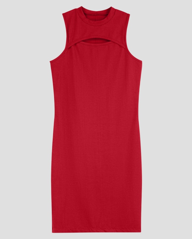 Vestido Juvenil Canelado com Decote Cut Out BaseD Vermelho-077b04ef-cdb7-4ab6-8cc1-53eee6a100fa