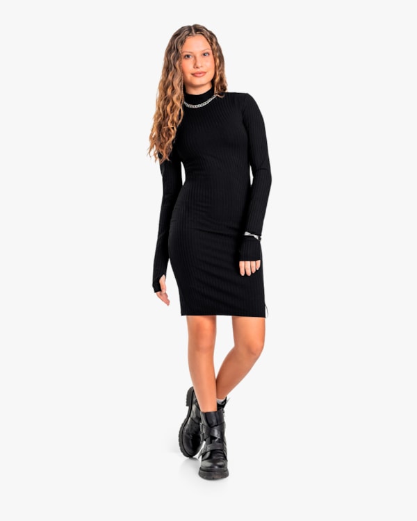 Vestido Juvenil Manga Longa com Dedeira Canelado - BaseD - Preto