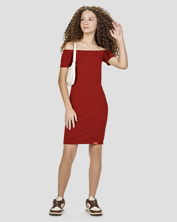 Vestido Juvenil Ombro a Ombro em Malha Canelada - BaseD - Ferrugem
