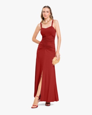 Vestido Longo com Franzido em Malha Crepe- Cereja Rosa -Sienna-G