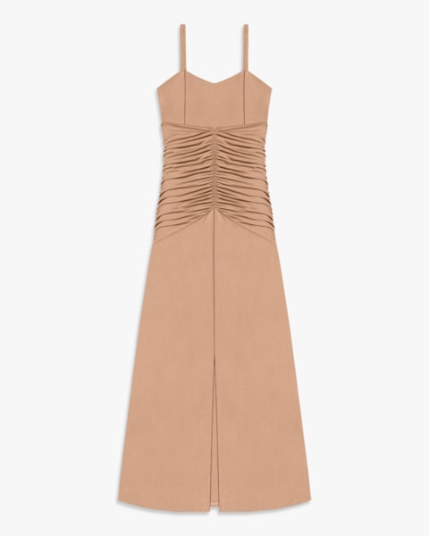 Vestido Longo com Franzido em Malha Crepe- Cereja Rosa -Toffee