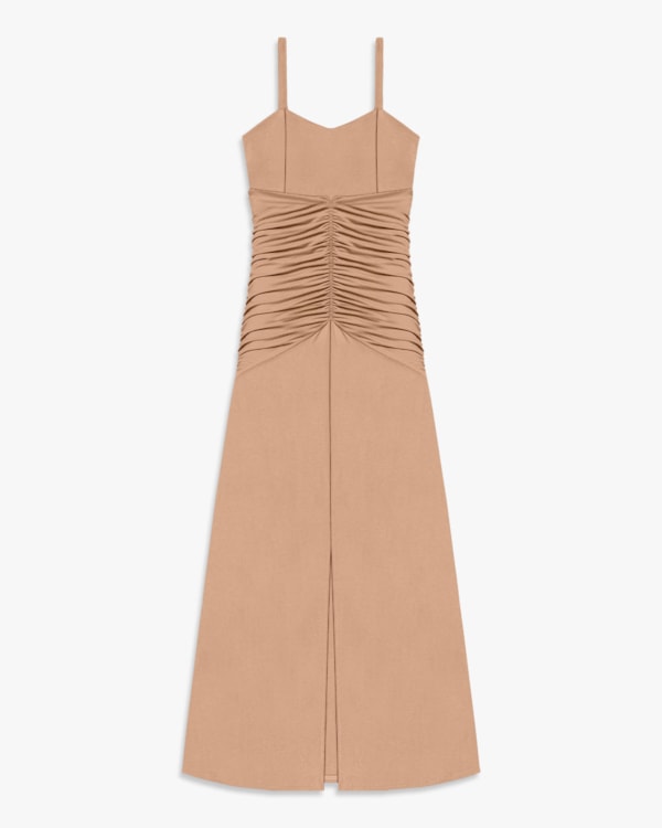 Vestido Longo com Franzido em Malha Crepe- Cereja Rosa -Toffee