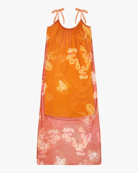 Vestido Longo de Alça com Tule Estampado Cereja Rosa