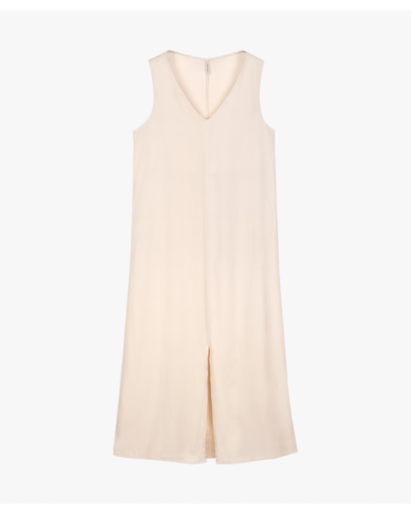 Vestido Longo em Tecido Viscose com Fenda - Cereja Rosa - Areia