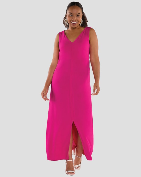 Vestido Longo em Tecido Viscose com Fenda - Cereja Rosa - Pink