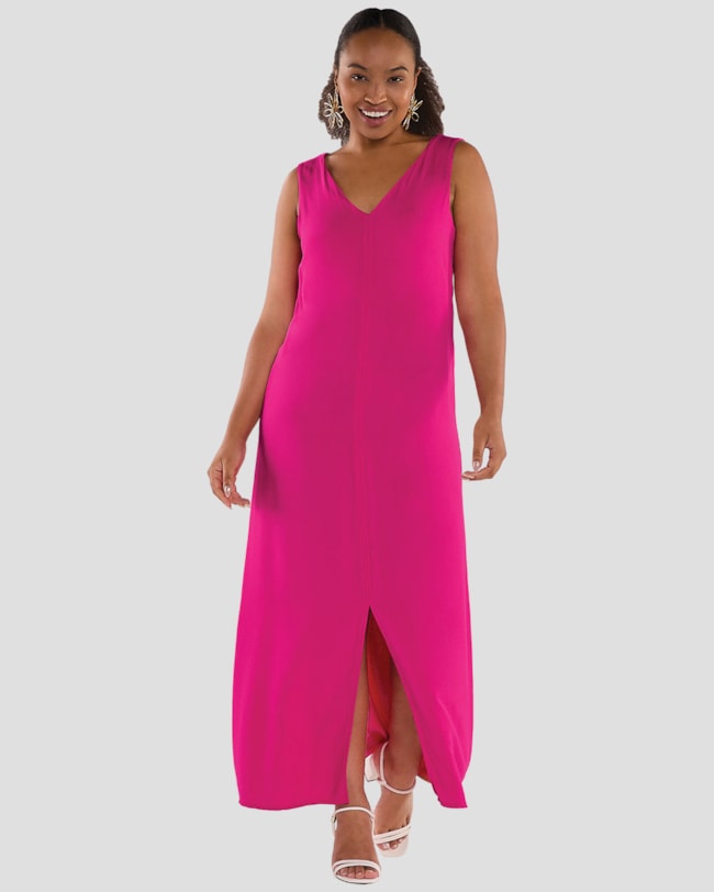 Vestido Longo em Tecido Viscose com Fenda - Cereja Rosa - Pink-8256bef8-9f8e-4449-84a7-8cf59d4ed3f8