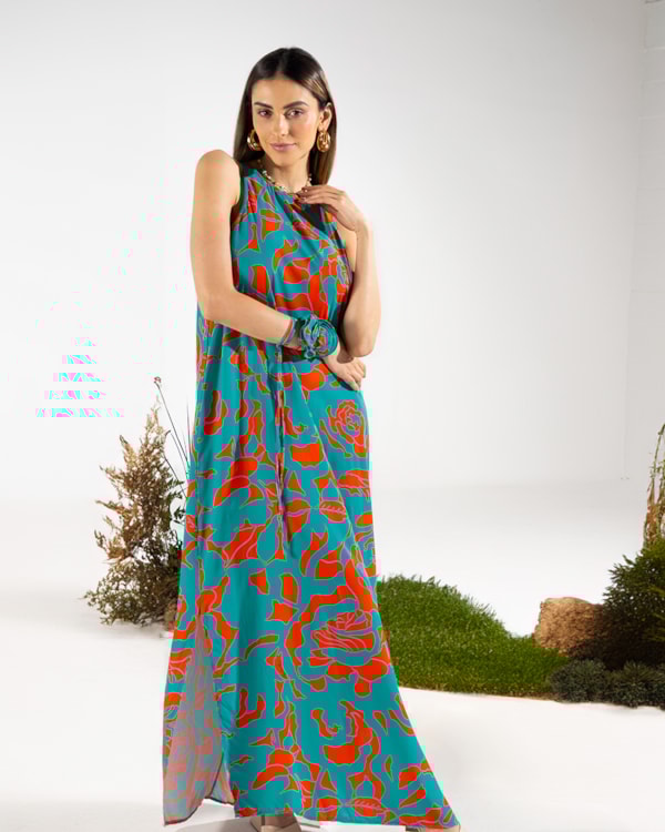 Vestido Longo em Viscose com Abertura Lateral - Cereja Rosa - Carrot M