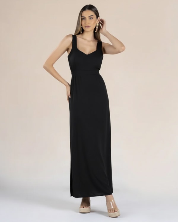 Vestido Longo em Viscose com Abertura Lateral - Cereja Rosa - Preto