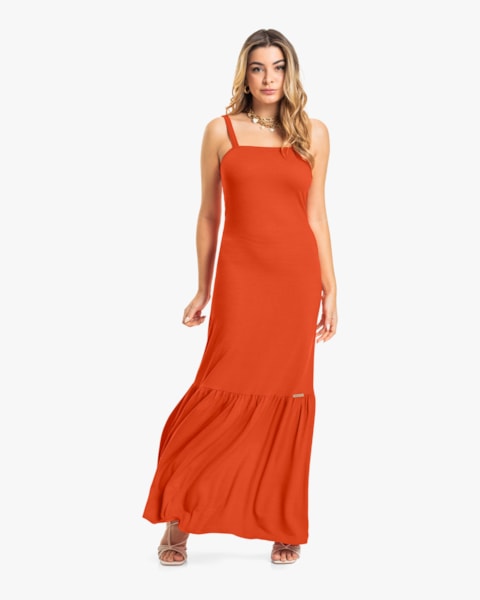 Vestido Longo em Viscose com Alça Ajustável Cereja Rosa Laranja