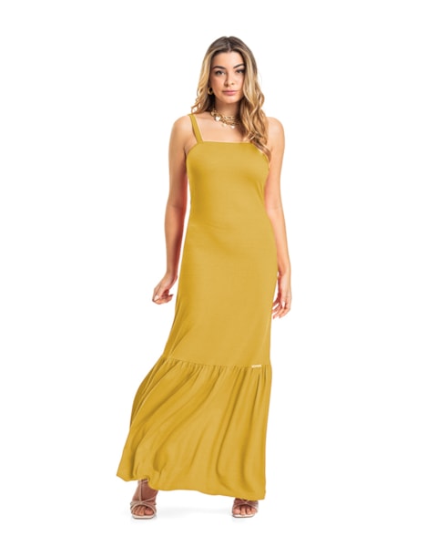 Vestido Longo em Viscose com Alça Ajustável Cereja Rosa Mostarda
