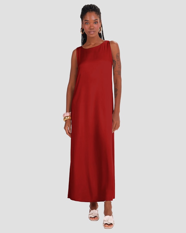 Vestido Longo em Viscose com Fenda Cereja Rosa Vermelho-786cfb70-a57b-42ea-b895-b1e85378a693
