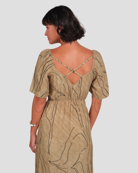 Vestido Longo em Viscose Estampada Cereja Rosa Marrom