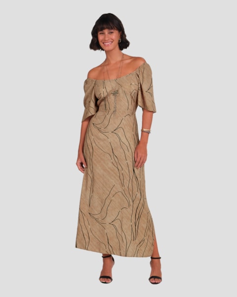 Vestido Longo em Viscose Estampada Cereja Rosa Marrom