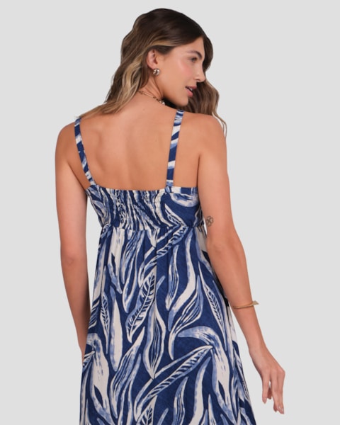 Vestido Longo Estampado com Alça Fina Cereja Rosa Azul