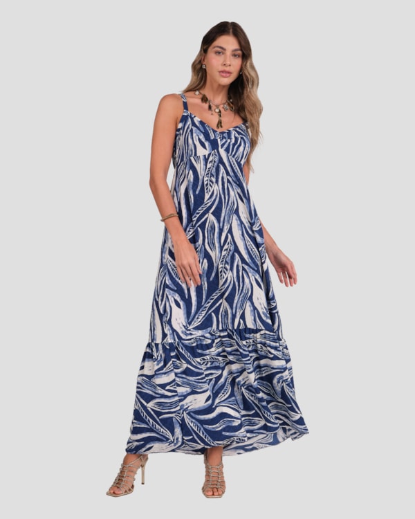 Vestido Longo Estampado com Alça Fina Cereja Rosa Azul