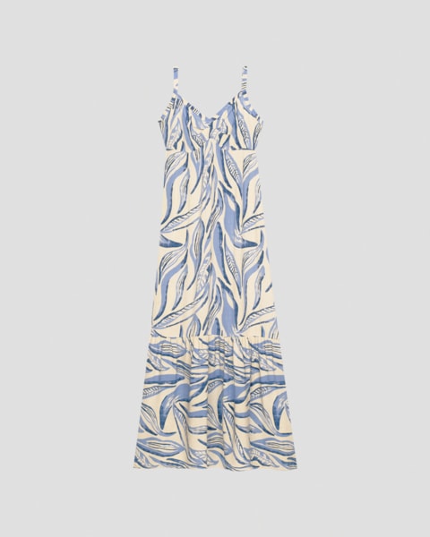 Vestido Longo Estampado com Alça Fina Cereja Rosa Creme