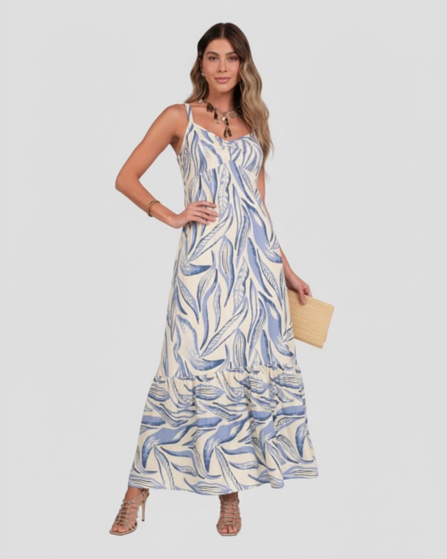 Vestido Longo Estampado com Alça Fina Cereja Rosa Creme-76d19f17-e65f-4867-a89f-ade9ed2b7a1e