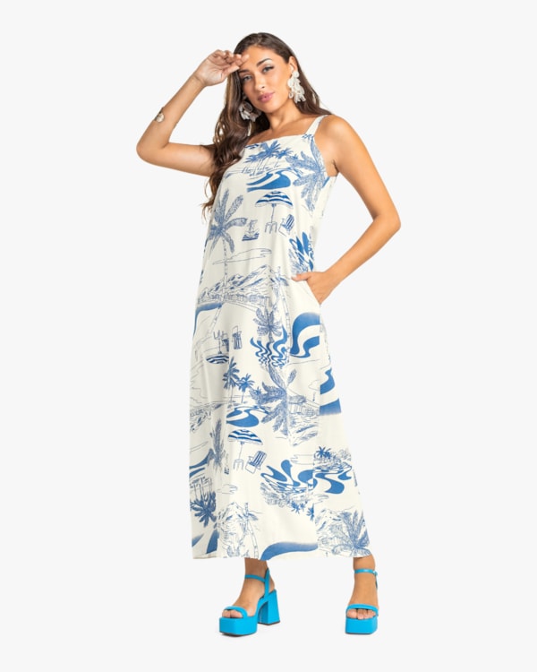 Vestido Longo Estampado com Bolso Cereja Rosa