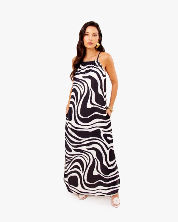 Vestido Longo Estampado em Crepe Favo - Cereja Rosa - Natural-P