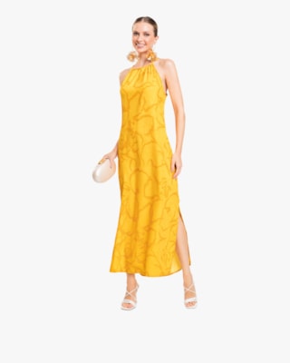 Vestido Longo Estampado em Crepe Favo - Cereja Rosa - Pinacolada-G