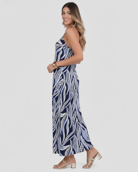 Vestido Longo Estampado Frente Única Cereja Rosa Azul