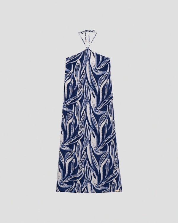 Vestido Longo Estampado Frente Única Cereja Rosa Azul