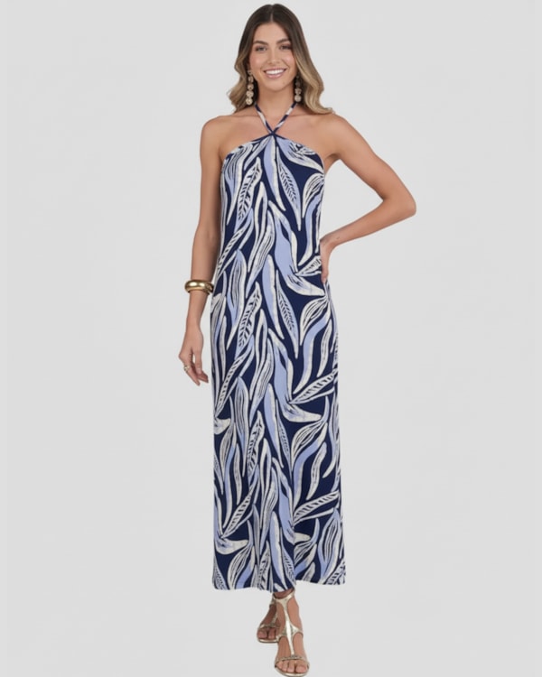 Vestido Longo Estampado Frente Única Cereja Rosa Azul