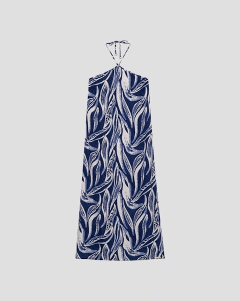 Vestido Longo Estampado Frente Única Cereja Rosa Azul