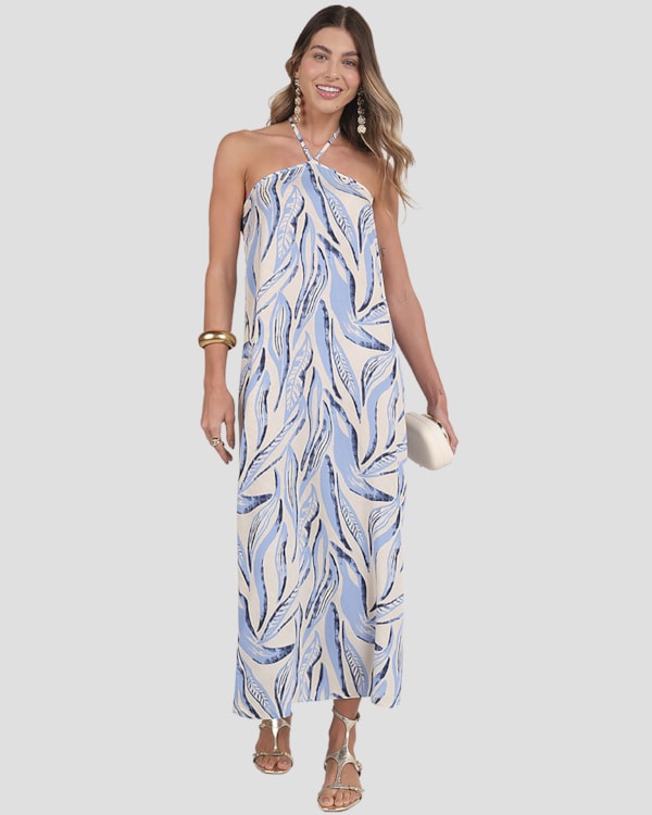 Vestido Longo Estampado Frente Única Cereja Rosa Bege