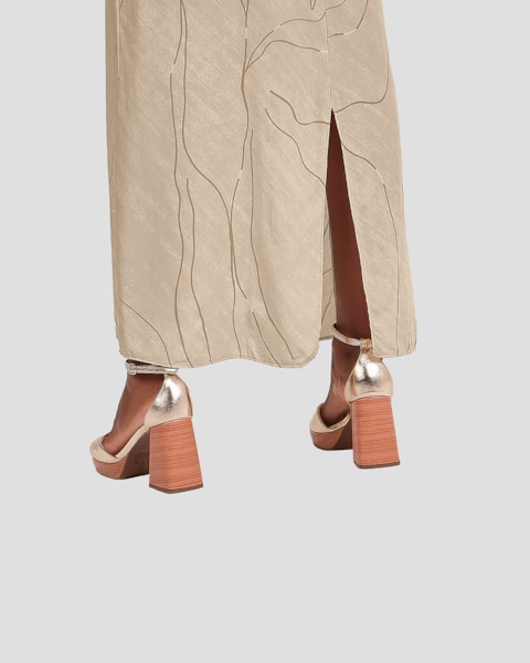 Vestido Longo Feminino em Viscose Alça Fina Cereja Rosa Bege