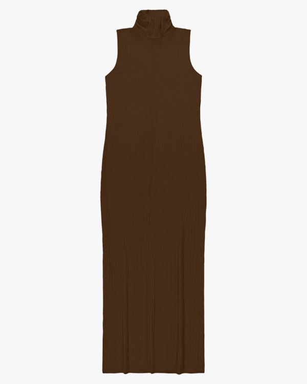 Vestido Longo Gola Alta Canelado - Cereja Rosa - Chocolate P