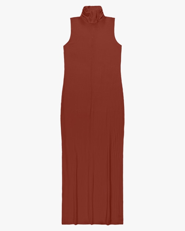 Vestido Longo Gola Alta Canelado - Cereja Rosa - Ferrugem