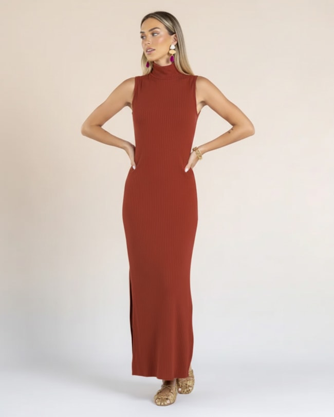 Vestido Longo Gola Alta Canelado - Cereja Rosa - Ferrugem-d121a924-4c96-4176-b1d8-b5b35851d182